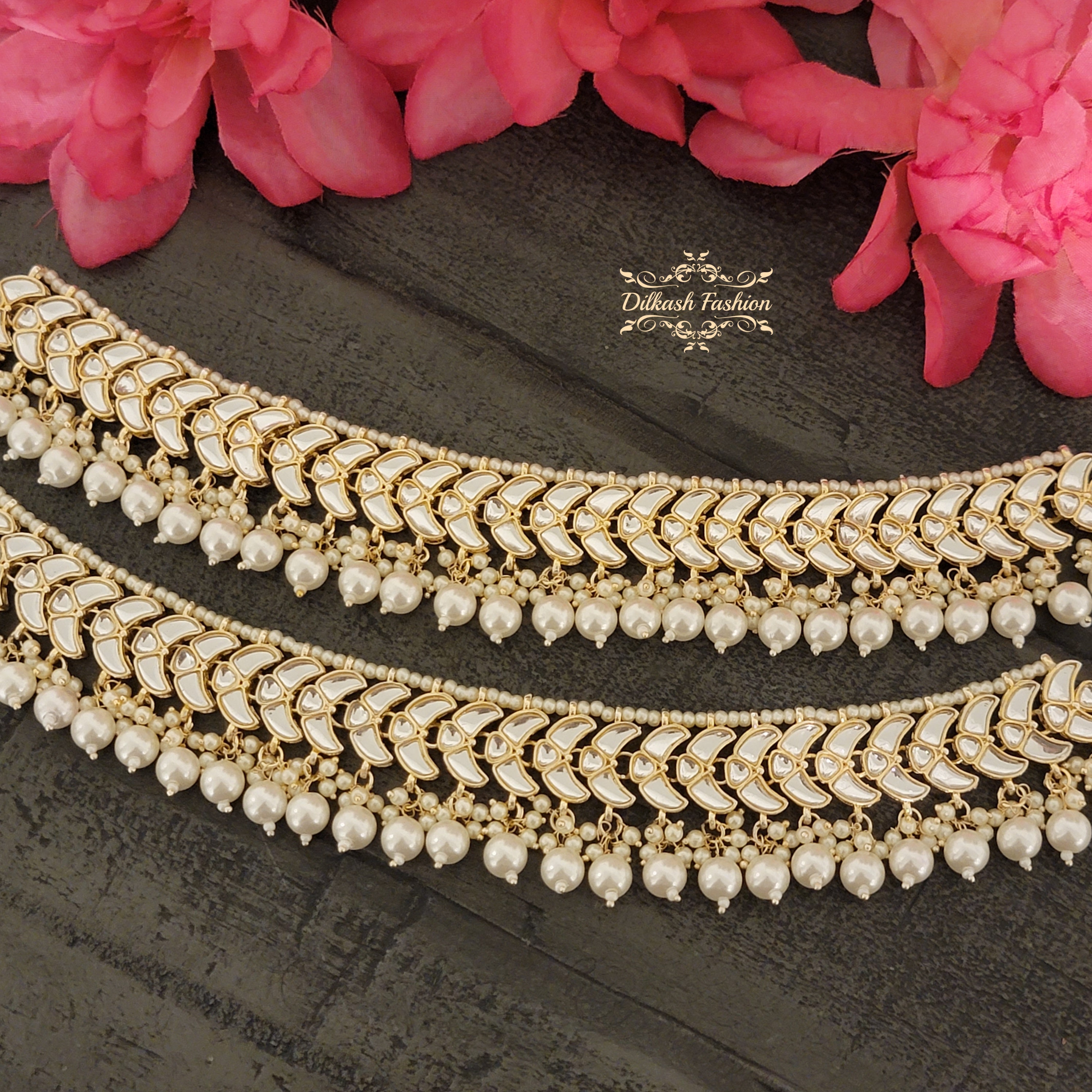 Pakistani Indian Punjabi Gold Amritsari Kundan Pearls Anklet Payal Pair Dilkash Fashion Jewelry Bollywood Pazaib Pajaib Foot Anklets