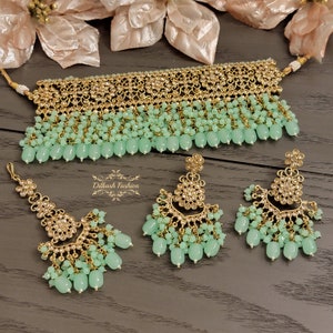 Pakistani Indian Punjabi Polki Gold Mint Green Necklace Choker Earrings Tikka Dilkash Fashion Jewelry Bollywood Chandbali Jhumki Jhumka