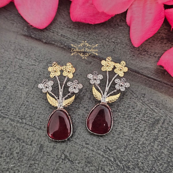 Pakistani Indian Punjabi Two Tone Gold Victorian Maroon Earrings Dilkash Fashion Jewelry Bollywood Chandbali Polki Sabyasachi Kundan Tyaani