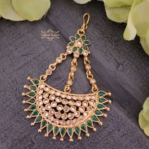 Pakistani Indian Punjabi Beautiful Green Gold Polki Jhumar Passa Headpiece Dilkash Fashion Jewelry Bollywood Tikka Teeka Paasa Chain