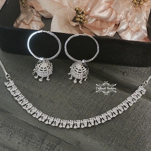 Pakistani Indian Punjabi American Diamond AD Silver White Necklace Jhumki Earrings Tikka Set Dilkash Fashion Jewelry Bollywood FREE SHIP