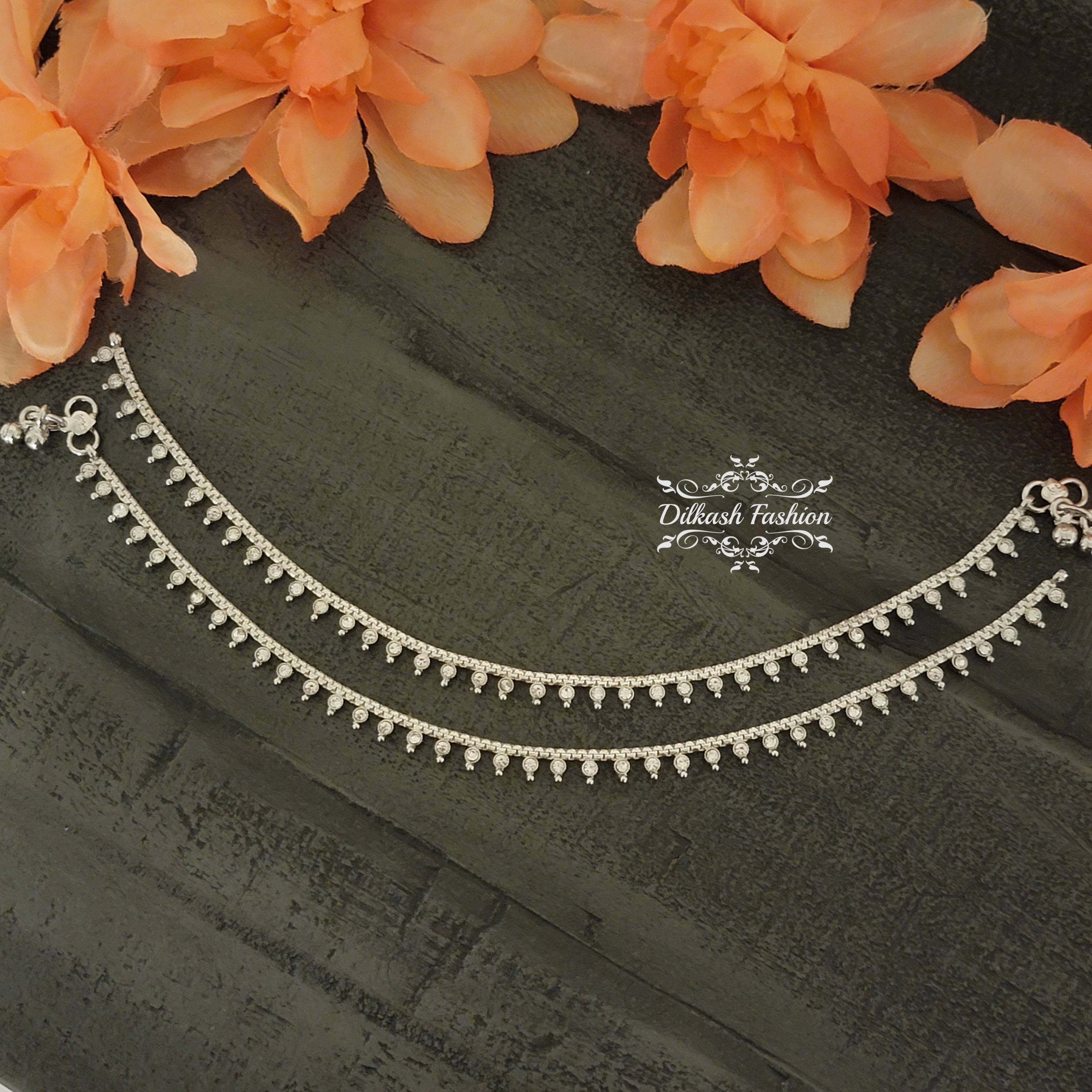 Pakistani Indian Punjabi Silver Polki Anklet Payal Pair Dilkash