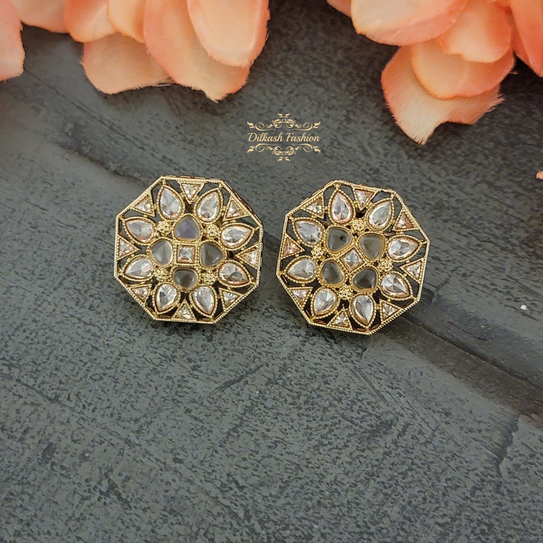 Pakistani Indian Punjabi Gold Polki Mona Lisa Studs Earrings Dilkash