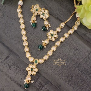 Pakistani Indian Punjabi Reverse Polki Gold Green Necklace Earrings Tikka Set Dilkash Fashion Jewelry Bollywood Chandbali Jhumki Kundan