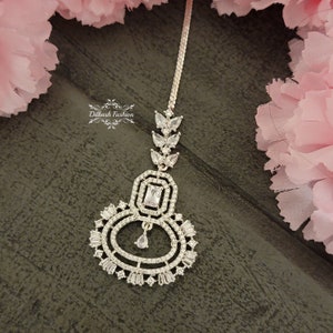 Pakistani Indian Punjabi Silver Cubic Zirconia American Diamond Tikka MaangTikka Headpiece Dilkash Fashion Jewelry Bollywood