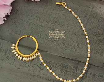 Pakistani Indian Punjabi Gold Pearl Beaded Nath Pierced Nose Ring Nathni Dilkash Fashion Jewelry Bollywood Nose Hoop Sabyasachi Clip Chain