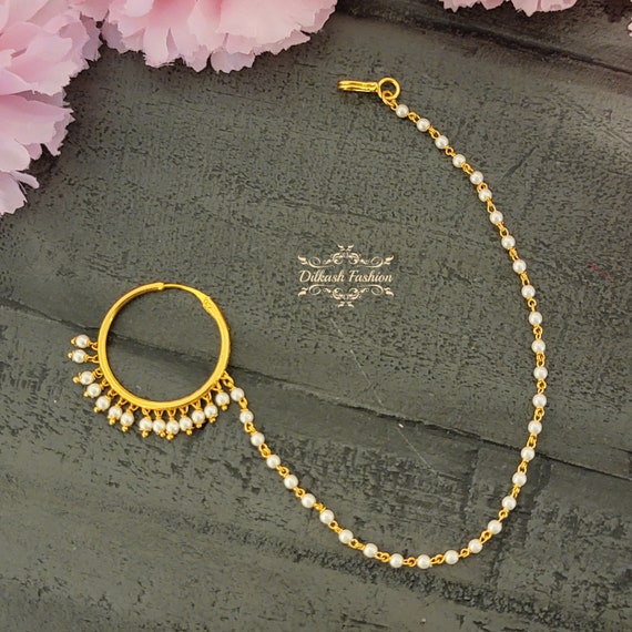 Pakistani Indian Punjabi Gold Pearl Beaded Nath Pierced Nose Ring