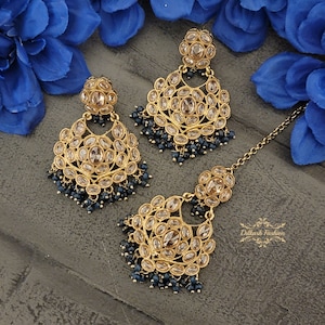 Pakistani Indian Punjabi Gold Navy Blue Polki Earrings Tikka Set Dilkash Fashion Jewelry Bollywood Chandbali Jhumki Jhumka Teeka