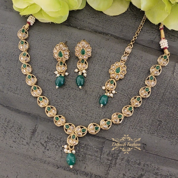 Pakistani Indian Punjabi Polki Gold Green Necklace Choker Earrings Tikka Set Dilkash Fashion Jewelry Bollywood Sabyasachi Kundan AD