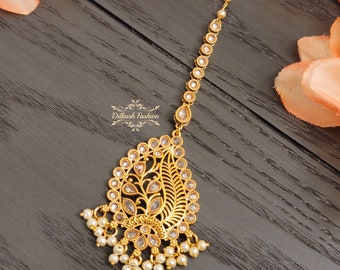 Pakistani Indian Punjabi Beautiful Handcrafted Gold Polki Tikka MaangTikka Headpiece Dilkash Fashion Jewelry Bollywood Hair Piece Teeka