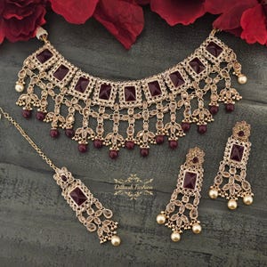 Pakistani Indian Punjabi Polki Gold Maroon Necklace Earrings Tikka Bridal Set Dilkash Fashion Jewelry Bollywood Sabyasachi Tyaani Kundan
