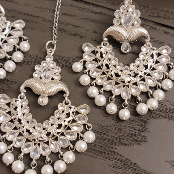 Pakistani Indian Punjabi Silver Pearls Polki Earrings Tikka Set  