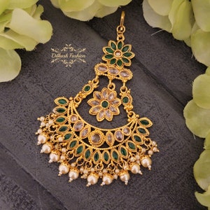 Pakistani Indian Punjabi Beautiful Green Gold Polki Jhumar Passa Headpiece Dilkash Fashion Jewelry Bollywood Tikka Teeka Paasa Chain