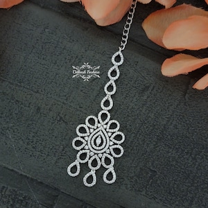 Pakistani Indian Punjabi Silver Cubic Zirconia American Diamond Tikka MaangTikka Headpiece Dilkash Fashion Jewelry Bollywood