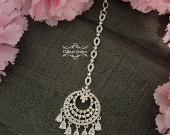 Pakistani Indian Punjabi Silver Cubic Zirconia American Diamond Tikka MaangTikka Headpiece Dilkash Fashion Jewelry Bollywood