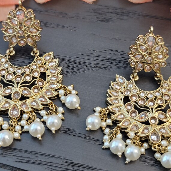 Pakistani Indian Punjabi Gold Pearl Polki Earrings Dilkash Fashion