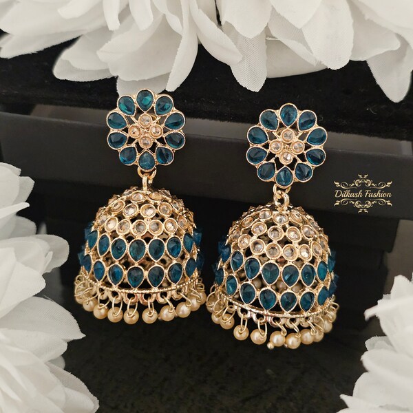 Pakistani Indian Punjabi Gold Teal Blue Polki Jhumki Earrings Dilkash Fashion Jewelry Chandbali Jhumka Bollywood Baali Sabyasachi Tyaani