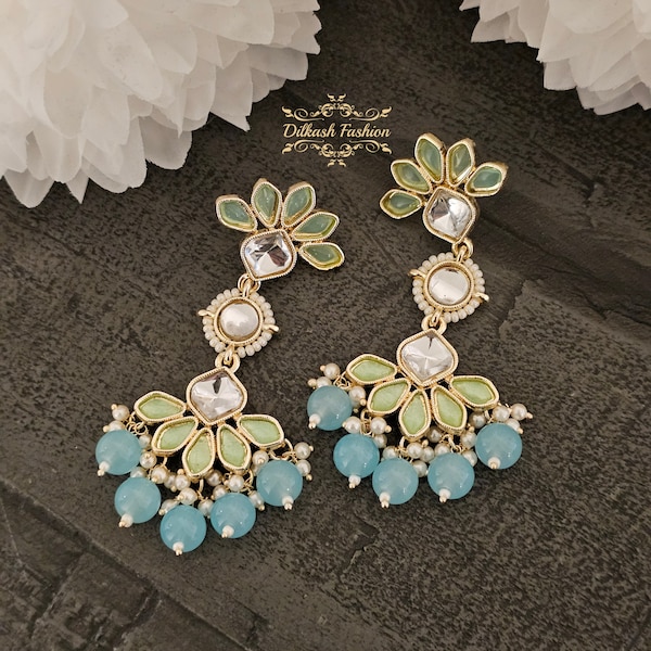 Pakistani Indian Punjabi Gold Kundan Sky Blue Earrings Dilkash Fashion Jewelry Bollywood Sabyasachi Polki Chandbali Tyaani Pearl Silver