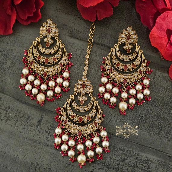 Pakistani Indian Punjabi Gold Red Pearls Polki Earrings Tikka Set
