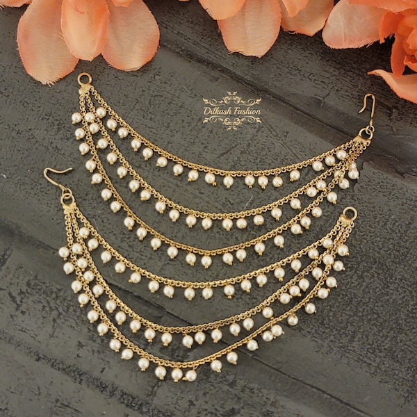 Pakistani Indian Punjabi Gold Pearl Sahare Kaan Chain Ear Chain Dilkash Fashion Jewelry Bollywood Hair Piece Sahara Piece Ear Piece