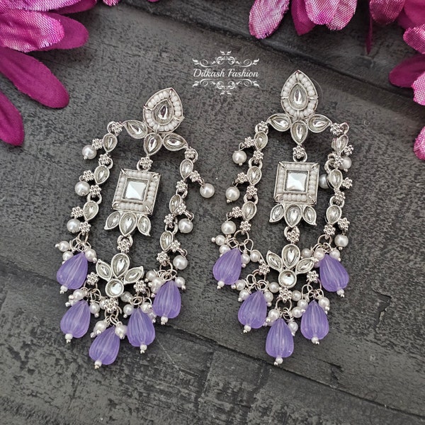 Pakistani Indian Punjabi Silver Kundan Lavender Purple Earrings Dilkash Fashion Jewelry Bollywood Sabyasachi Polki Chandbali Tyaani Pearl