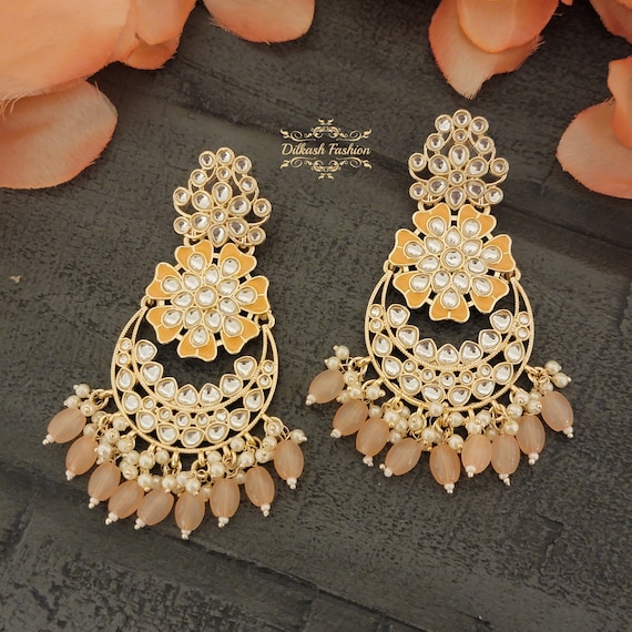 Pakistani Indian Punjabi Gold Amritsari Kundan Peach Orange Meenakari  Chandbali Earrings Dilkash Fashion Jewelry Bollywood FREE SHIP Meena 