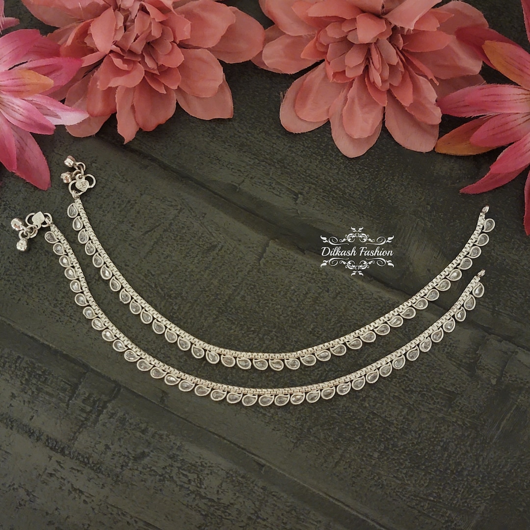 Pakistani Indian Punjabi Silver Polki Anklet Payal Pair Dilkash Fashion