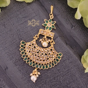 Pakistani Indian Punjabi Beautiful Green Gold Polki Jhumar Passa Headpiece Dilkash Fashion Jewelry Bollywood Tikka Teeka Paasa Chain
