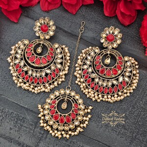 Pakistani Indian Punjabi Gold Red Pink Gray Faux Polki Earrings Tikka Set Dilkash Fashion Jewelry Bollywood FREE SHIP Sabyasachi Tyaani