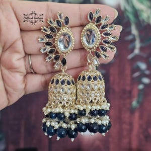 Pakistani Indian Punjabi Gold Kundan Navy Blue Jhumki Jhumka Earrings Dilkash Fashion Jewelry Bollywood Sabyasachi Polki Chandbali Sabya