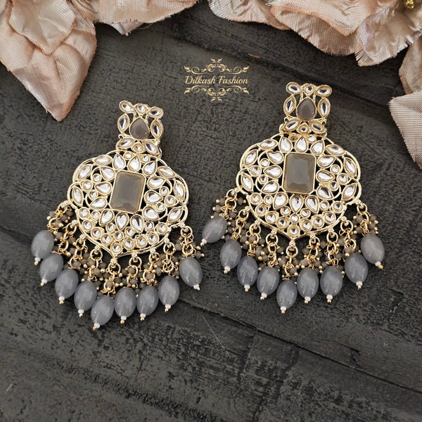 Pakistani Indian Punjabi Gold Kundan Gray Grey Earrings Dilkash Fashion Jewelry Bollywood Sabyasachi Polki Chandbali Tyaani Pearls Silver