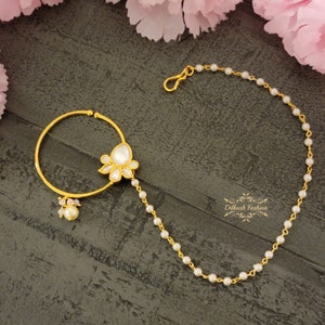 Pakistani Indian Punjabi Gold Baby Pink Kundan Nath Nose Ring Nathni Dilkash Fashion Jewelry Bollywood Nose Stud Ring Nose Hoop Chain