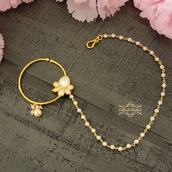 Pakistani Indian Punjabi Gold Baby Pink Kundan Nath Nose Ring