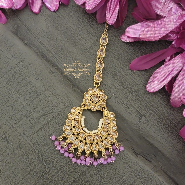 Pakistani Indian Punjabi Beautiful Purple Gold Polki Tikka MaangTikka Headpiece Dilkash Fashion Jewelry Bollywood Hair Piece Teeka