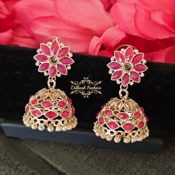 Pakistani Indian Punjabi Gold Hot Pink Polki Jhumki Earrings Dilkash Fashion Jewelry Chandbali Jhumka Bollywood Baali Sabyasachi Tyaani