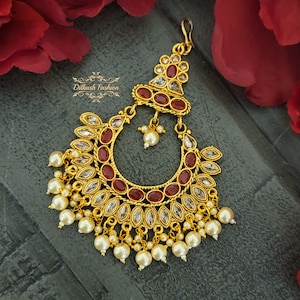 Pakistani Indian Punjabi Beautiful Ruby Red Gold Polki Jhumar Passa Headpiece Dilkash Fashion Jewelry Bollywood Tikka Teeka Paasa Chain