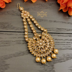Pakistani Indian Punjabi Beautiful Handcrafted Gold Polki Jhumar Passa Headpiece Dilkash Fashion Jewelry Bollywood