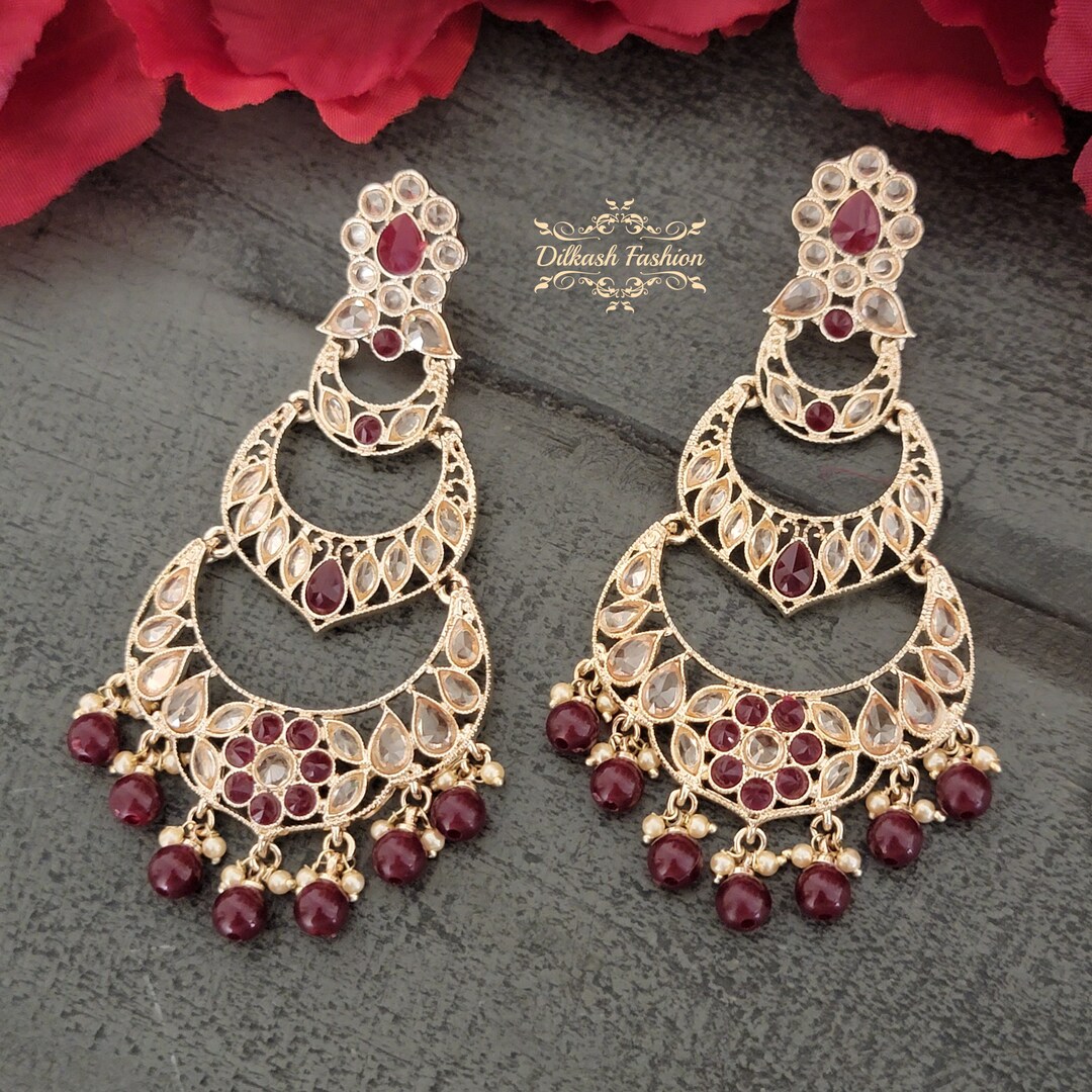 Pakistani Indian Punjabi Gold Polki Maroon Brown Earrings Dilkash