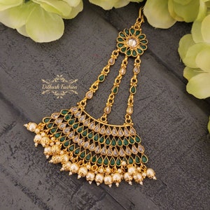 Pakistani Indian Punjabi Beautiful Handcrafted Gold Green Polki Jhumar Passa Headpiece Dilkash Fashion Jewelry Bollywood Tikka Teeka Paasa