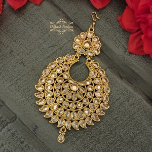 Pakistani Indian Punjabi Beautiful Handcrafted Gold Polki Jhumar Passa Headpiece Dilkash Fashion Jewelry Bollywood Tikka Teeka Paasa Chain