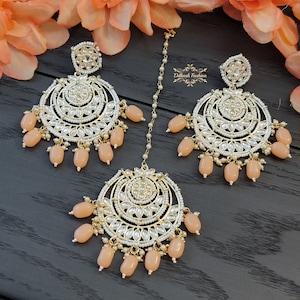 Pakistani Indian Punjabi Gold Baby Orange Peach Earrings Tikka Set Dilkash Fashion Jewelry Bollywood FREE SHIP