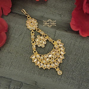 Pakistani Indian Punjabi Beautiful Handcrafted Gold Polki Jhumar Passa Headpiece Dilkash Fashion Jewelry Bollywood Tikka Teeka Paasa Chain