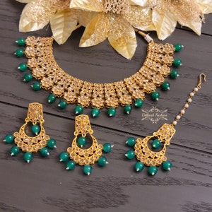 Pakistani Indian Punjabi Polki Gold Green Necklace Earrings Tikka Set Dilkash Fashion Jewelry Bollywood FREE SHIP