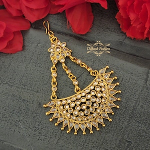 Pakistani Indian Punjabi Beautiful Handcrafted Gold Polki Jhumar Passa Headpiece Dilkash Fashion Jewelry Bollywood Tikka Teeka Paasa Chain