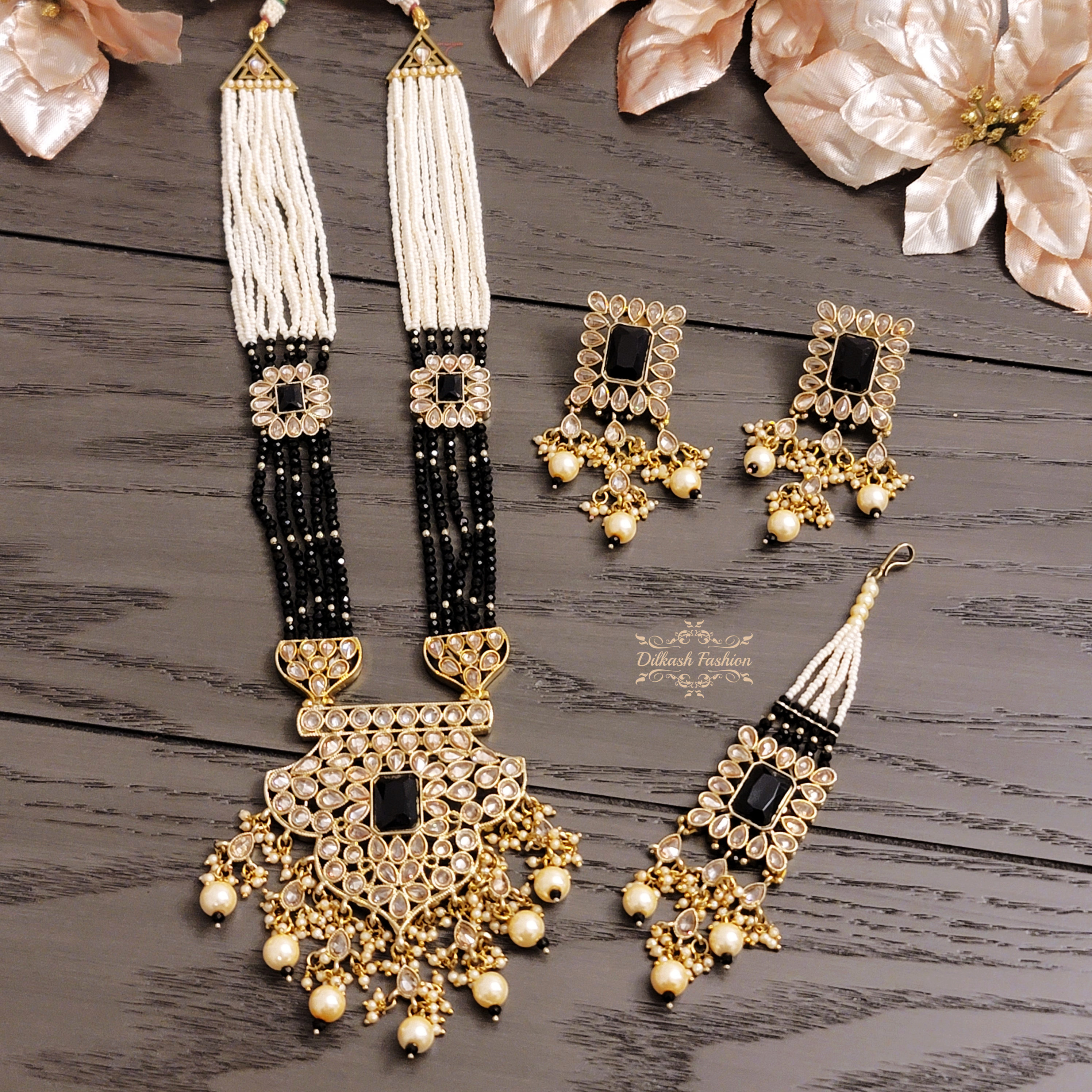Pakistani Indian Punjabi Polki Gold Black Maala Necklace Earrings