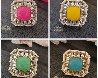 Pakistani Indian Punjabi Gold Kundan Pink Yellow Green Turquoise Amrapali Stone Adjustable Ring Dilkash Bollywood Kundan Sabyasachi Tyaani
