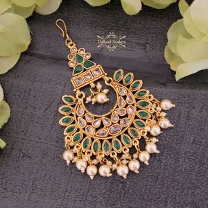 Pakistani Indian Punjabi Beautiful Green Gold Polki Jhumar Passa Headpiece Dilkash Fashion Jewelry Bollywood Tikka Teeka Paasa Chain