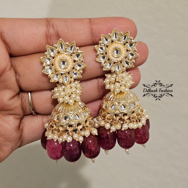Pakistani Indian Punjabi Gold Kundan Natural Stone Wine Maroon Jhumki Jhumka Earrings Dilkash Fashion Jewelry Bollywood Sabyasachi Chandbali