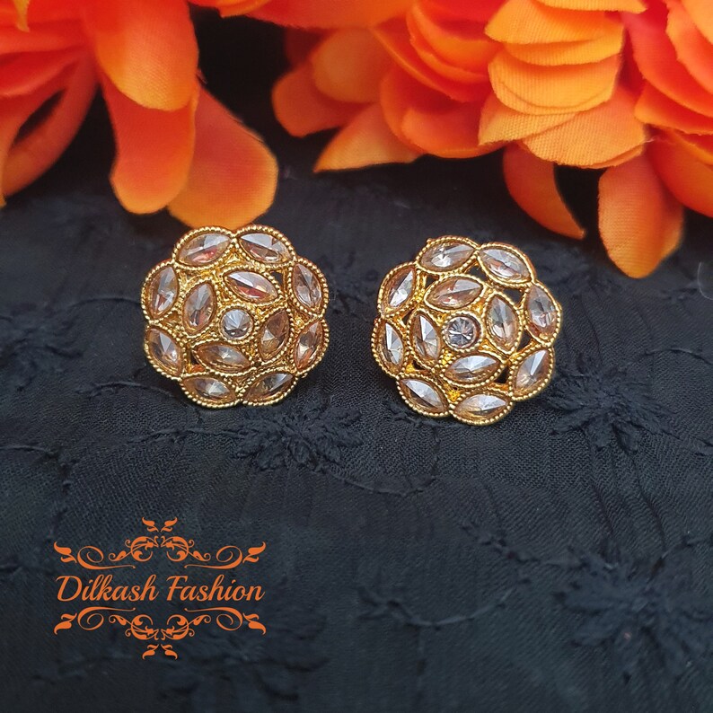 Pakistani Indian Punjabi Gold Pearl Polki Studs Earrings Dilkash Fashion Jewelry Bollywood