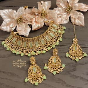 Pakistani Indian Punjabi Polki Mona Lisa High Quality Gold Green Necklace Choker Earrings Tikka Dilkash Fashion Jewelry Bollywood FREE SHIP